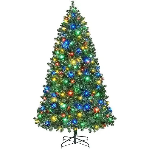 Produktbild: Yaheetech 183cm LED Künstlicher Weihnachtsbaum mit 300 Mehrfarbigen und Warmweißen Lichtern, 9 Lichtmodi, Christbaum Tannenbaum mit 818 Zweigen & Faltbarem Metallständer, Grün