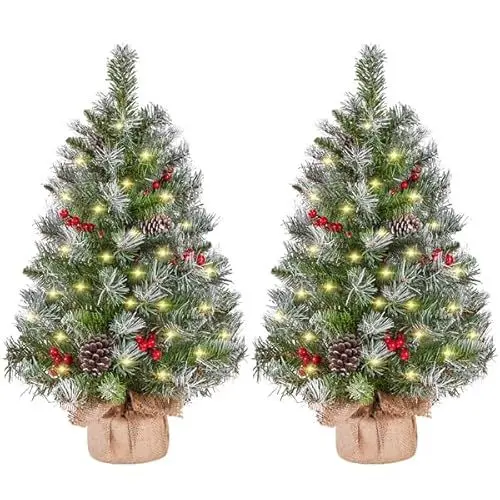Produktbild: Yaheetech 2 Stück 92 cm Mini Künstlicher Weihnachtsbaum mit Schnee inkl. 50 Warmweiß LED & 70 Roten Beeren & 10 Tannenzapfen, Kleiner Christbaum Tisch Tannenbaum für Weihnachtsdeko