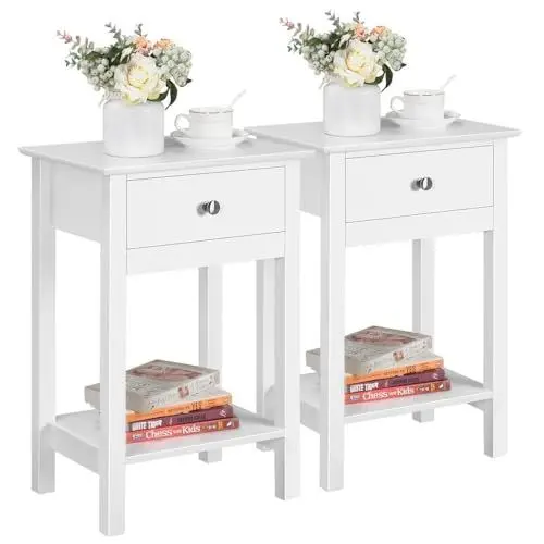 Produktbild: Yaheetech 2 Stück Nachttisch Nachtschrank mit Schublade und Ablag Beistelltisch Sofatisch 60 cm hoch Ablagetisch Nachtkonsole für Schlafzimmer/Wohnzimmer, Weiß