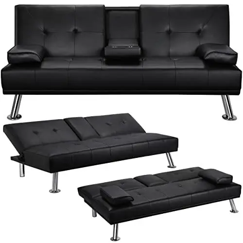 Produktbild: Yaheetech 3er-Sofa Schlafsofa Couch mit Tassenhalter Gästebett, Rückenlehne neigbar 105°/140°/180°, 167 x 81,5 x 75 cm, 350 KG belastbar, schwarz Kunstleder