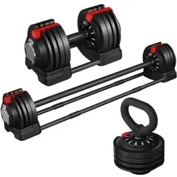 Produktbild: Yaheetech 3-in-1 Verstellbare Hanteln aus Kurzhantel & Kugelhantel & Langhantel Hantel-Set Gewichtsstufen 3 kg bis 24 kg Einstellbares Hantelset mit 3 Modi Hantel & Kettlebell & Langhantel