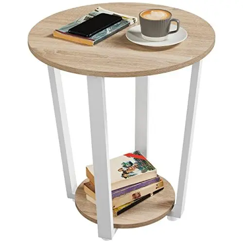 Produktbild: Yaheetech Beistelltisch rund, Couchtisch, Sofatisch mit Stahlgestell, robust, Kaffeetisch für Wohnzimmer, Schlafzimmer, Industrie-Design, Eiche, 50 x 50 x 56,5cm