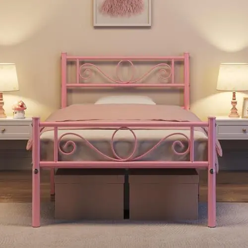 Produktbild: Yaheetech Bettrahmen 90 x 200 cm Metallbett mit Lattenrost Einzelbett Gästebett Jugendbett mit Kopfteil für Schlafzimmer Gästezimmer Hellrosa