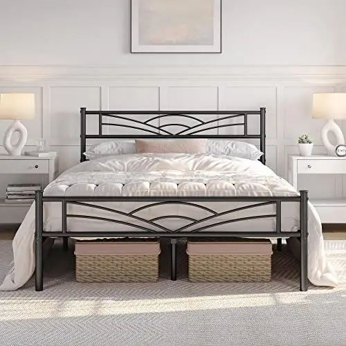 Produktbild: Yaheetech Bettrahmen Metallbett Gästebett Bettgestell aus Metall, Modern Jugendbett mit Lattenrost, für Schlafzimmer Gästezimmer 140 x 200 cm/Schwarz