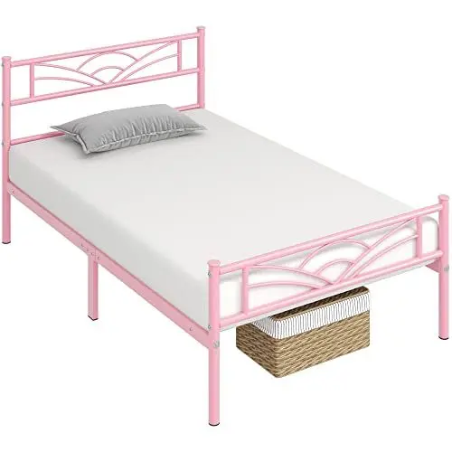 Produktbild: Yaheetech Bettrahmen Metallbett Gästebett Bettgestell aus Metall, Modern Jugendbett mit Lattenrost, für Schlafzimmer Gästezimmer 90 x 200 cm/Hellrosa
