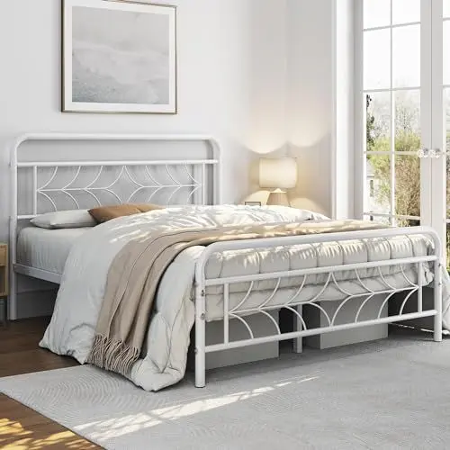 Produktbild: Yaheetech Bettrahmen mit Hohem Kopfteil & Fußteil, 140 x 200 cm Metallbett Einzelbett Bettgestell mit Lattenrost & Stauraum unter dem Bett, Jugendbett Rubuste Bettstellen für Schlafzimmer, Weiß