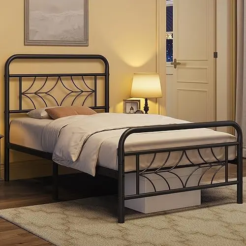 Produktbild: Yaheetech Bettrahmen mit Hohem Kopfteil & Fußteil, 90 x 200 cm Metallbett Einzelbett Bettgestell mit Lattenrost & Stauraum unter dem Bett, Jugendbett Rubuste Bettstellen für Schlafzimmer, Schwarz