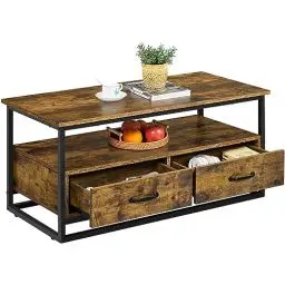 Produktbild: Yaheetech Couchtisch Kaffeetisch mit offenen Ablagen Wohnzimmertisch aus Holz und Metall Sofatisch mit viel Stauraum Beistelltisch für Wohnzimmer/Büro, Industrie-Design, 100 × 48 × 46 cm