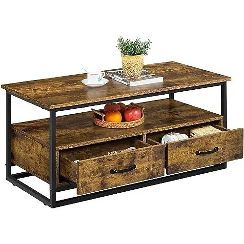Produktbild: Yaheetech Couchtisch Kaffeetisch mit offenen Ablagen Wohnzimmertisch aus Holz und Metall Sofatisch mit viel Stauraum Beistelltisch für Wohnzimmer/Büro, Industrie-Design, 100 × 48 × 46 cm