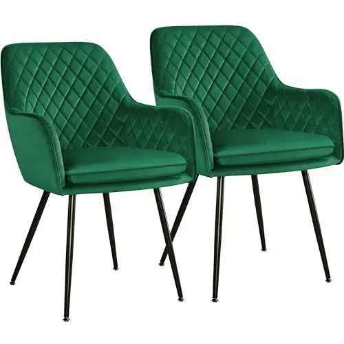 Produktbild: Yaheetech Esszimmerstühle 2er Set Küchenstühle, Polsterstühle mit Armlehnen Metallbeine, Seesel aus Samtstoff für Arbeitszimmer/Wohnzimmer, Grün