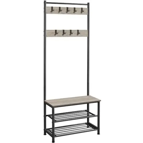 Produktbild: Yaheetech Garderobenständer Kleiderständer mit 3 Ablagefächer Schuhablagen mit Garderobenhaken, Höhe 184,5cm, Breite 72,5cm, Tiefe 33cm, für Schlafzimmer/Ankleide/Wohnzimmer/Abstellraum Grau