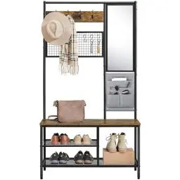Produktbild: Yaheetech Großer Garderobenständer Kleiderständer mit Haken, Spiegel, Schuhregal und Sitzbank Garderobe mit Gitterwand für Flur/Schlafzimmer, 35 x 100 x 180,5 cm