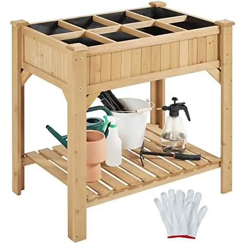 Produktbild: Yaheetech Hochbeet aus Holz Blumenkasten mit Ablagefach und Entwässerungslöchern, Frühbeet Bausatz für Gemüse/Kräuter/Blumen, Pflanzkasten, wetterfest, Hellbraun