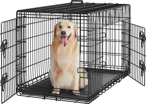 Produktbild: Yaheetech Hundekäfig 107 x 66 x 74,5 cm klappbar mit Trennwand 2 Türen, Hundebox für zuhause mit ausziehbare Bodenschale, Transportkäfig Auto, Hundetransportbox Drahtkäfig für Hunde Welpe, XL, Schwarz