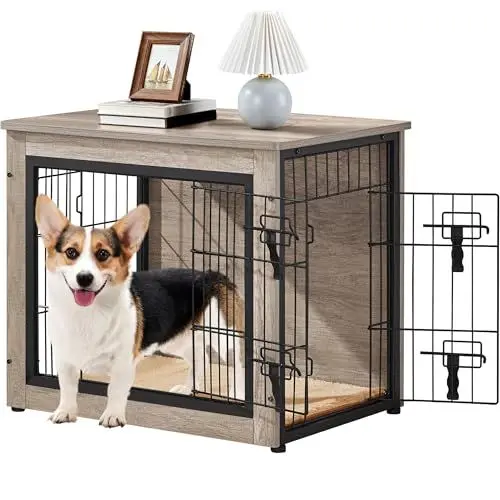 Produktbild: Yaheetech Hundekäfig Möbel mit Hundedecke & 2 Türen, Hundebox für Zuhause, Moderne Hundehütte Indoor, Hundebox Holz für Wohnzimmer, 69x51x61 cm, Grau