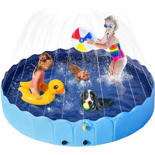 Produktbild: Yaheetech Hundepool 160cm mit Sprinkler, 0.6cm Verdickter Faltbarer Planschbecken für Hunde, rutschfest Hundeplanschbecken, Wasserspielzeug für Sommer Outdoor Garten, Blau