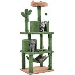 Produktbild: Yaheetech Kaktus Katzenkratzbaum 158 cm hoch, Moderner Kratzbaum Kletterbaum mit Aussichtsplattform Katzenhöhlen Hängematte Sisalstämme Plüschball, Grün/Braun