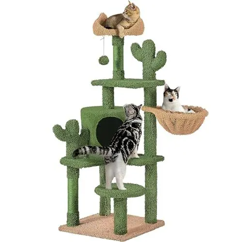 Produktbild: Yaheetech Kaktus Kratzbaum 135 cm hoch Stabiler Katzenbaum Katzenkratzbaum mit Aussichtsplattform Katzenhöhle Liegemulde Sisalstämme Plüschball Grün-Braun