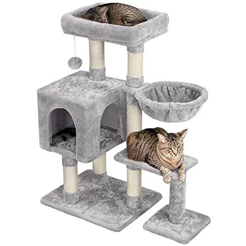 Produktbild: Yaheetech Kratzbaum 96 cm hoch Katzenbaum Kletterbaum für Katzen, mit Plattform Katzenhöhle Korb Sisalstämme, Hellgrau