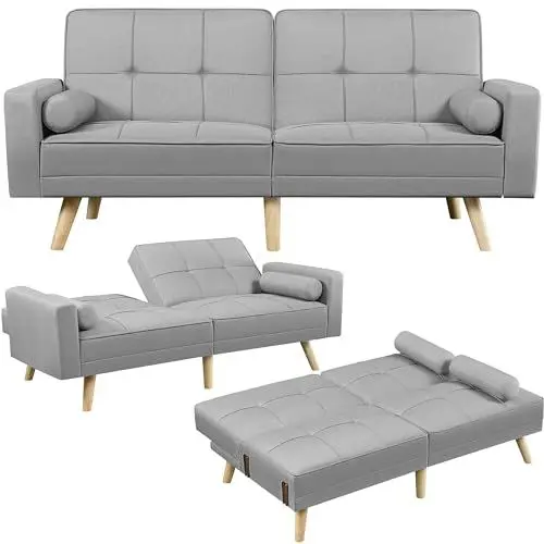 Produktbild: Yaheetech Klappsofa Couch mit Verstellbarer Rückenlehne, Loungesofa Liegefläche 163 x 106 cm, fürs Wohnzimmer/Schlafzimmer/Gästezimmer, Hellgrau