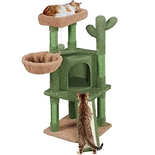 Produktbild: Yaheetech kratzbaum Kaktus Höhe 106,5 cm, Stabiler Katzenbaum Kletterbaum mit Aussichtsplattform Katzenhöhle Liegemulde Sisalstämme Grün/Braun