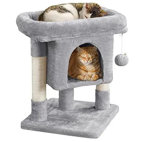 Produktbild: Yaheetech Kratzbaum Katzenbaum Stabiler Kletterbaum, mit Sisalstämmen Plüsch Höhle, Höhe 60 cm, Hellgrau