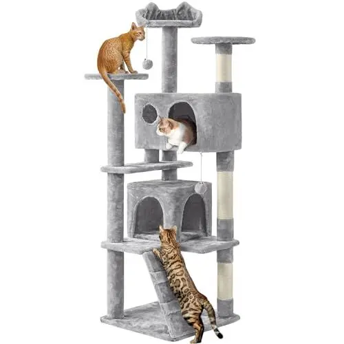 Produktbild: Yaheetech Kratzbaum Stabiler Katzenbaum Katzenkratzbaum Katzenmöbel, Kletterbaum für Katzen Höhe 158 cm, Hellgrau