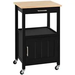 Produktbild: Yaheetech Küchenwagen auf Rollen, Servierwagen mit Schrank und Ablage, Arbeitsplatte aus Holz, Rollwagen 55x45x89cm, Küchentrolley im Landhausstil, Schwarz
