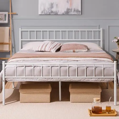 Produktbild: Yaheetech Metallbett 160 x 200 cm Bettrahmen mit Kopfteil Bettgestell aus Metall Gästebett mit Lattenrost für Schlafzimmer Gästezimmer Weiß