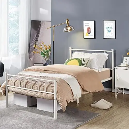 Produktbild: Yaheetech Metallbett 90 x 200 cm Bettrahmen mit Hohem Kopfteil, Einzelbett Bettgestell mit Lattenrost, Jugendbett mit Industriestil Gästebett Industriebett für Schlafzimmer Gästezimmer, Weiß