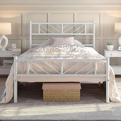 Produktbild: Yaheetech Metallbett 90 x 200 cm Minimalistischer Bettrahmen mit Kopfteil Gästebett mit Lattenrost für Schlafzimmer Gästezimmer 32cm Höhe unter dem Bett Weiß