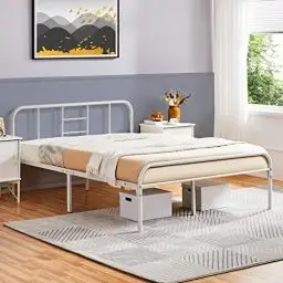 Produktbild: Yaheetech Metallbett mit Lattenrost Bettrahmen mit Kopfteil Doppelbett Gästebett Einzelbettgestell Bettgestelle für Gästezimmer Schlafzimmer 140 x 200 cm, Weiß