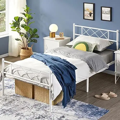 Produktbild: Yaheetech Modern Metallbett 90x200 cm Bettgestelle mit Lattenrost, Doppelbett/Einzelbett, Bettrahmen mit Kopfteil, Gästebett Jugendbett für Schlafzimmer Gästezimmer Weiß