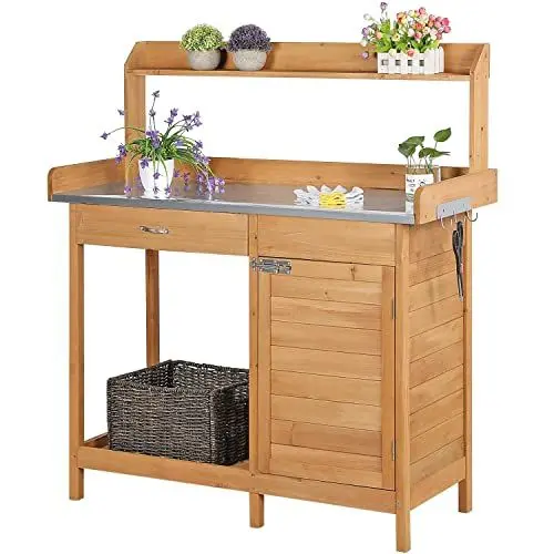 Produktbild: Yaheetech Pflanztisch mit Schubladen & Unterschrank, Blumentisch, Outdoor Gärtnertisch Holzpflanztisch mit verzinkt Arbeitsplatte, Gartenarbeitstisch Wetterfest, 112 x 46,5 x 125 cm, Holzfarbe