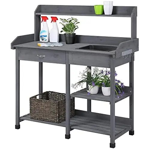 Produktbild: Yaheetech Pflanztisch mit Waschbecken, Blumentisch Gärtnertisch Holzpflanztisch mit Schubladen & Verstellbaren Ablagefläche & Haken, aus Wetterfest Holz für Terrasse Garten, Grau