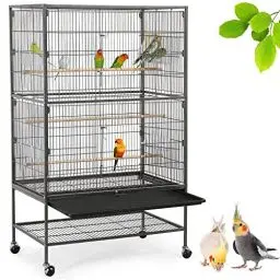 Produktbild: Yaheetech Vogelvoliere großer Vogelkäfig mit 2 Türen Vogelhaus mit Holzstangen und 4 Rollen mit schmutzwanneneinsatz 52 x 79 x 132 cm