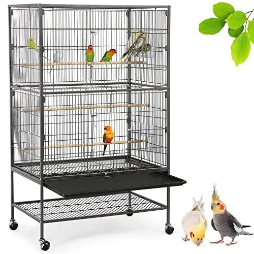Produktbild: Yaheetech Vogelvoliere großer Vogelkäfig mit 2 Türen Vogelhaus mit Holzstangen und 4 Rollen mit schmutzwanneneinsatz 52 x 79 x 132 cm