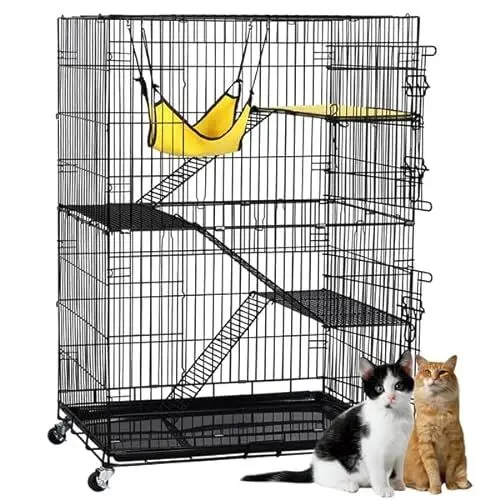 Produktbild: Yaheetech katzenkäfig mit Doppeltür, rattenkäfig mit 4 Ebenen, Abnehmbarer Käfig für Kleintiere 123x80x55 cm, Schwarz