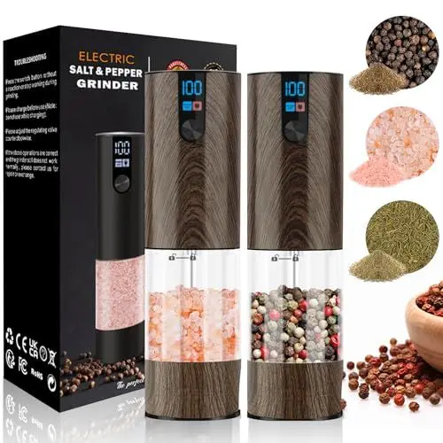 Produktbild: Salz und Pfeffermühlen Elektrisch 2er Set (LED-Display, Wiederaufladbar, Einstellbare Rauheit Keramikmahlwerk, 120ml große Kapazität) Gewürzmühle Elektrisch (Getreide)