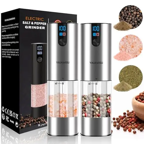 Produktbild: Salz und Pfeffermühlen Elektrisch 2er Set (LED-Display, Wiederaufladbar, Einstellbare Rauheit Keramikmahlwerk, 120ml große Kapazität) Gewürzmühle Elektrisch (Silbrig)