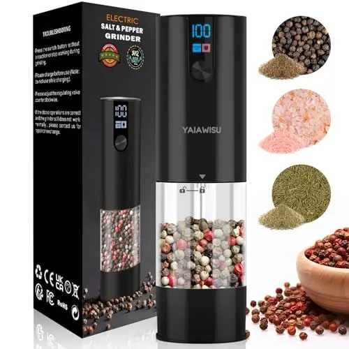 Produktbild: YAIAWISU Salz und Pfeffermühlen Elektrisch (LED-Display, Wiederaufladbar, Einstellbare Rauheit Keramikmahlwerk, 120ml große Kapazität) Gewürzmühle Elektrisch (Schwarz 1pcs)