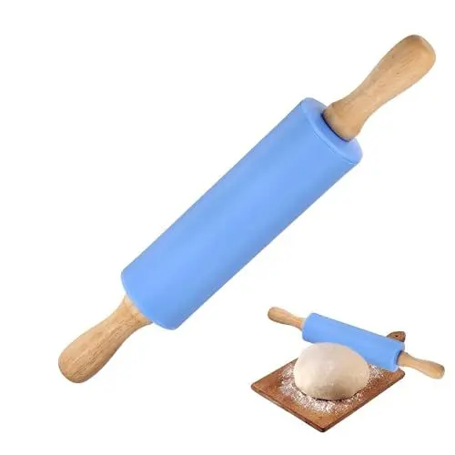 Produktbild: YALiya Nudelholz Silikon Mit Holzgriff - Teigroller, Antihaft-Backzubehör für Nudelteig, Kuchen, Cookie - Blau, 31CM×4.2CM