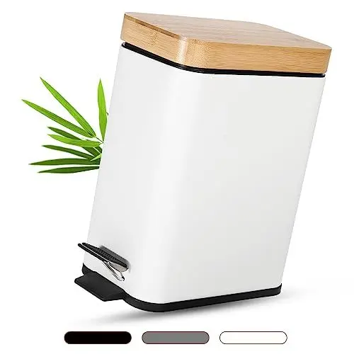 Produktbild: yamagahome 5L Kosmetikeimer, Badezimmer Mülleimer mit Bambus Deckel, Schlanker Kleiner Mülleimer mit Softclose Absenkautomatik und herausnehmbaren Inneneimer für Badezimmer, Schlafzimmer (Weiß)