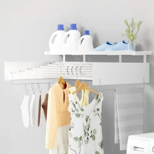Produktbild: yamagahome Wäscheständer Wand mit Lagerregal, 100 cm Wäschetrockner ausziehbar mit Haken, Wäscheleine Klappbar Platzsparend Wandtrockner für drinnen oder draußen, Weiß