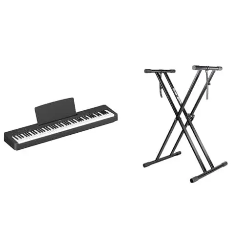 Produktbild: Yamaha P-145 Digital Piano, Schwarz & RockJam Xfinity Doublebraced Pre Assembled Keyboard Stand with Locking Straps