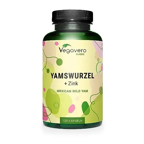 Produktbild: Yamswurzel Kapseln | 1.000 mg Mexican Wild Yam Extrakt (20:1) | 200 mg Diosgenin + Zink | 120 Stück | Laborgeprüft | Ohne Zusätze | Deutsche Produktion Vegavero®