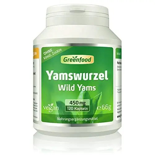 Produktbild: Yamswurzel (Wild Yams), 450 mg, hochdosierter Extrakt (mind. 20% Diosgenin), 120 Kapseln, vegan – OHNE künstliche Zusätze. Ohne Gentechnik. Vegi-Kapseln.