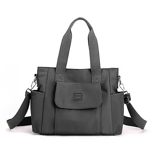Produktbild: YANAIER Damen Handtasche Umhängetasche Multi Fach Shopper Schultertasche Wasserdicht Nylon Henkeltasche für Reisen Schule Arbeit Dunkelgrau