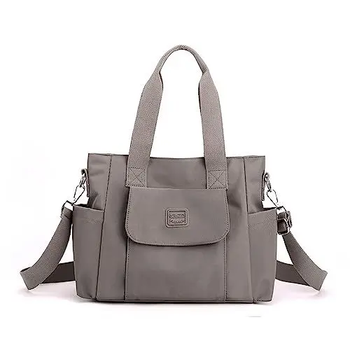 Produktbild: YANAIER Damen Handtasche Umhängetasche Multi Fach Shopper Schultertasche Wasserdicht Nylon Henkeltasche für Reisen Schule Arbeit Hellgrau