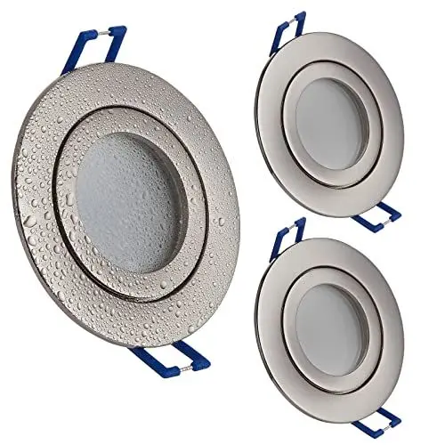 Produktbild: YanFeiYit 3x LED Einbaustrahler rund Edelstahl-gebürstet 5W warmweiß flach 230V – Einbauleuchte IP44 auch für Bad, Außenbereich – Bohrloch Ø65mm Badezimmer Decken-Spot Badeinbaustrahler